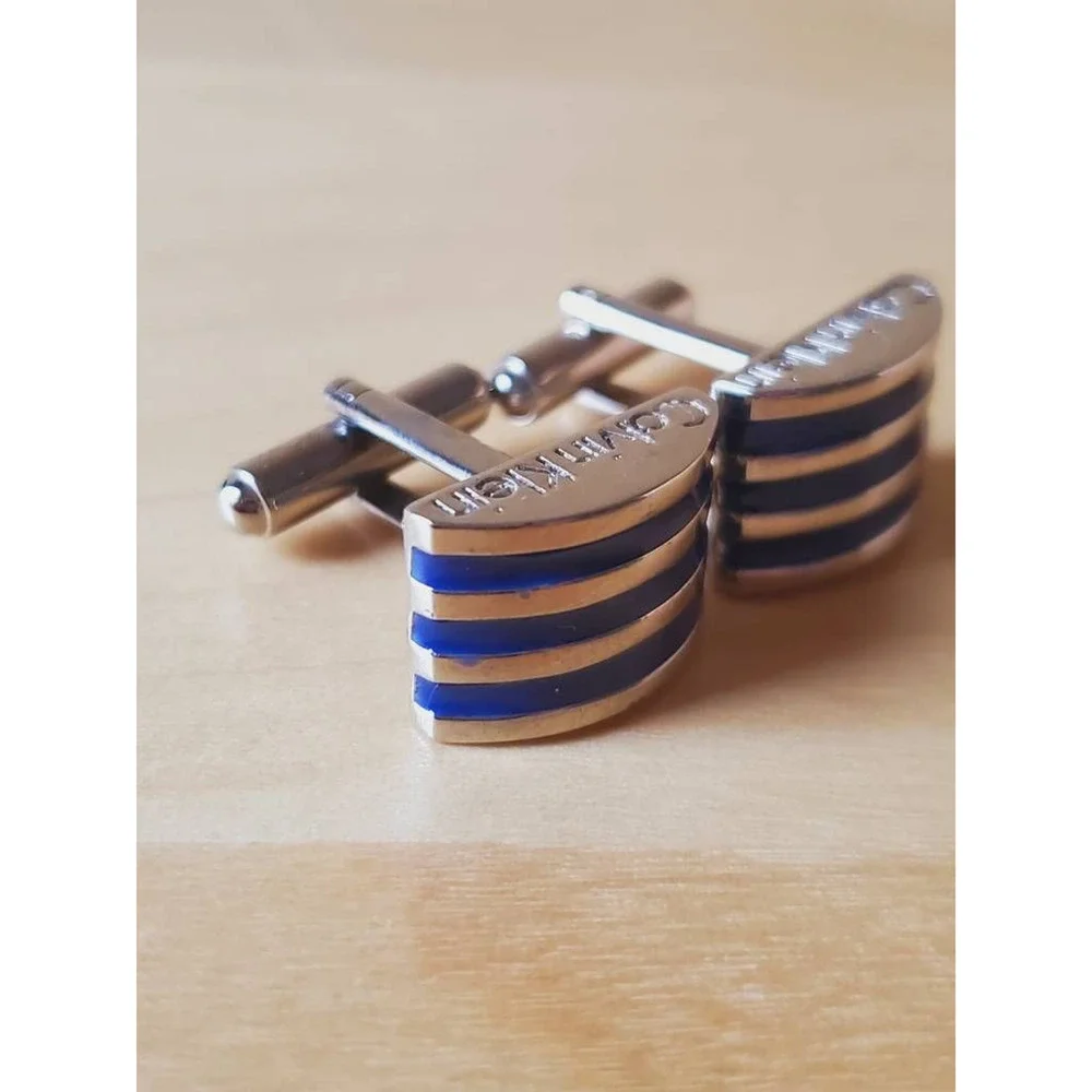 Calvin Klein Mens Silver Tone Cufflinks Blue Stripes Half Moon Shape Bullet Back